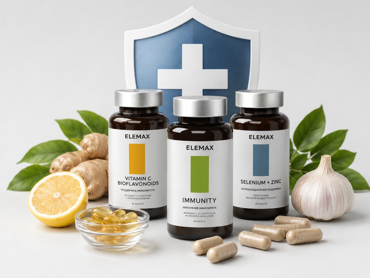 ELEMAX Immunity, Vitamin C Bioflavonoids и Selenium+Zinc на фоне защитного щита