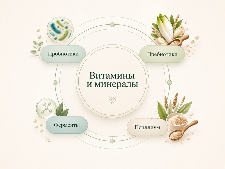 Схема: пробиотики, пребиотики, ферменты, псиллиум, витамины и минералы